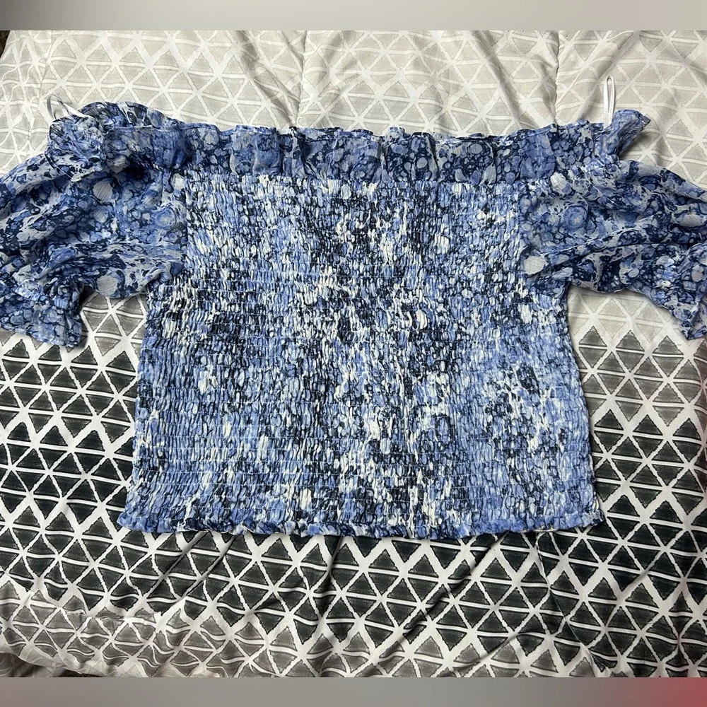 Express Blue Patterned Off-Shoulder Blouse - Picture 1 of 2
